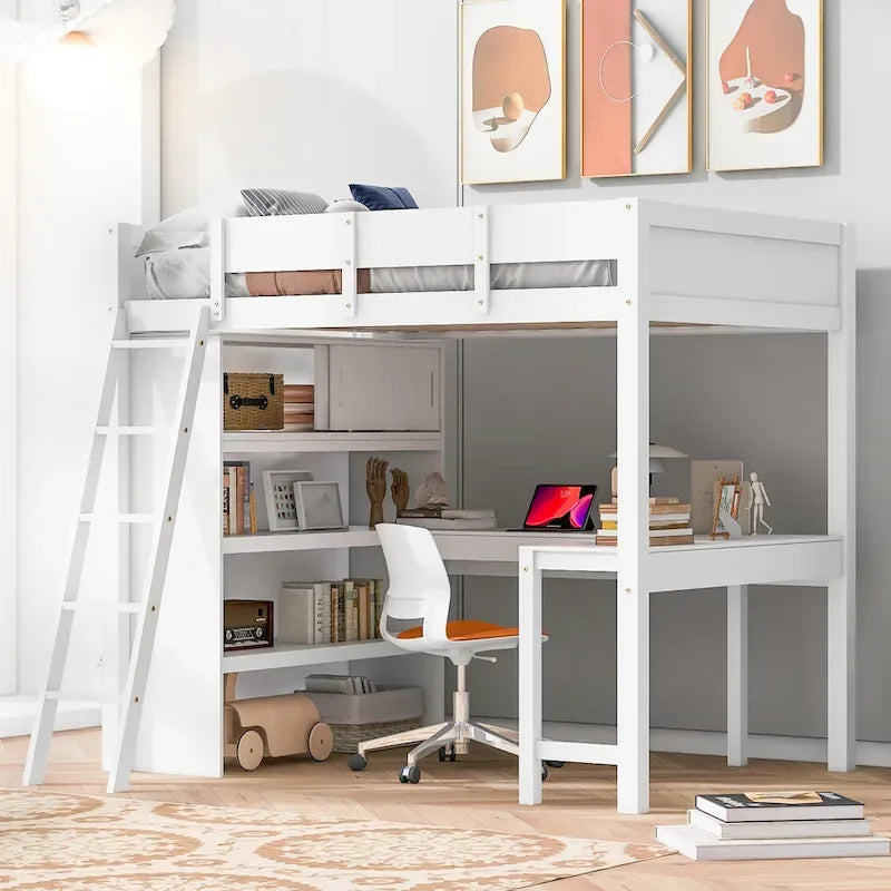Letto a soppalco full size con scrivania e mensola - Bianco
