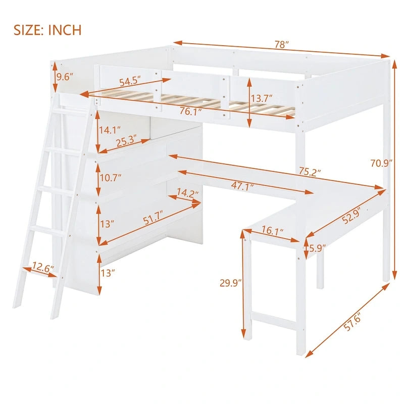 Letto a soppalco full size con scrivania e mensola - Bianco