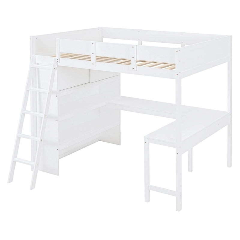 Letto a soppalco full size con scrivania e mensola - Bianco