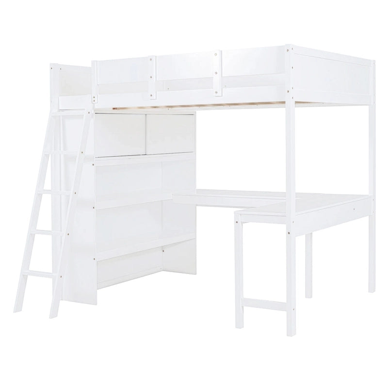 Letto a soppalco full size con scrivania e mensola - Bianco