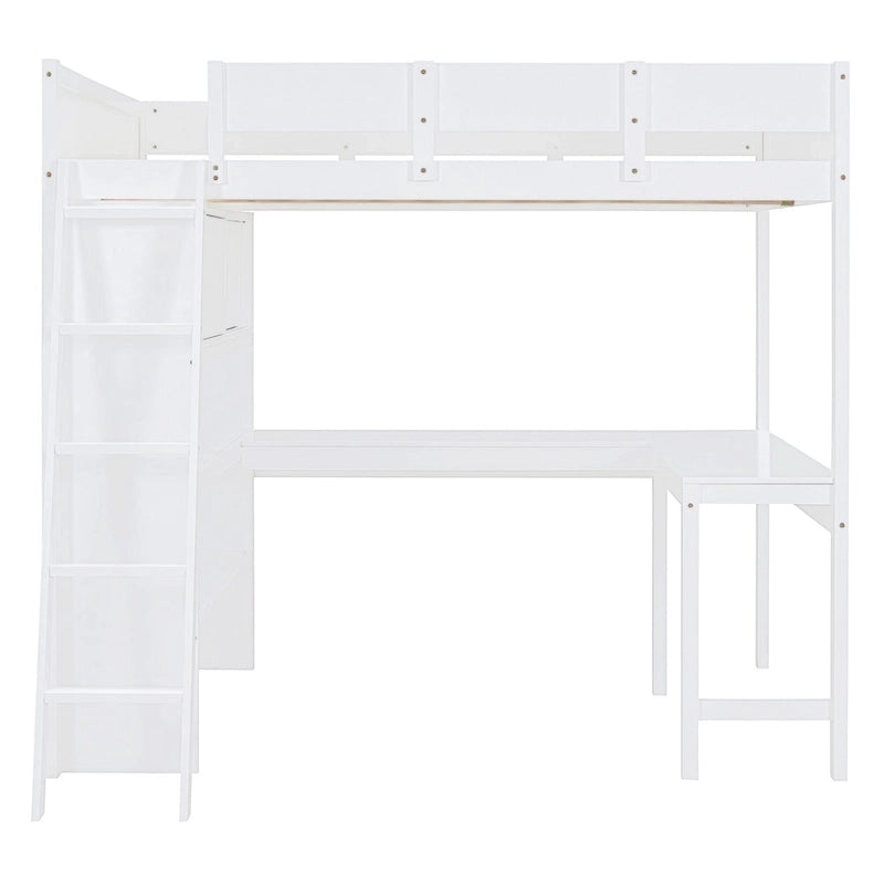 Letto a soppalco full size con scrivania e mensola - Bianco