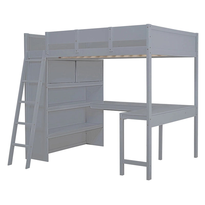 Letto a soppalco full size con scrivania e mensola - Bianco