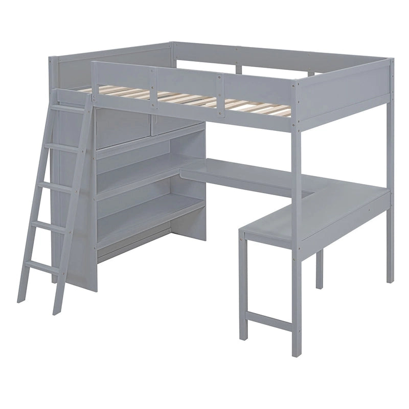 Letto a soppalco full size con scrivania e mensola - Bianco