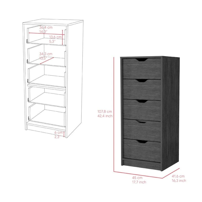 Comò verticale compatto in legno con 5 cassetti
