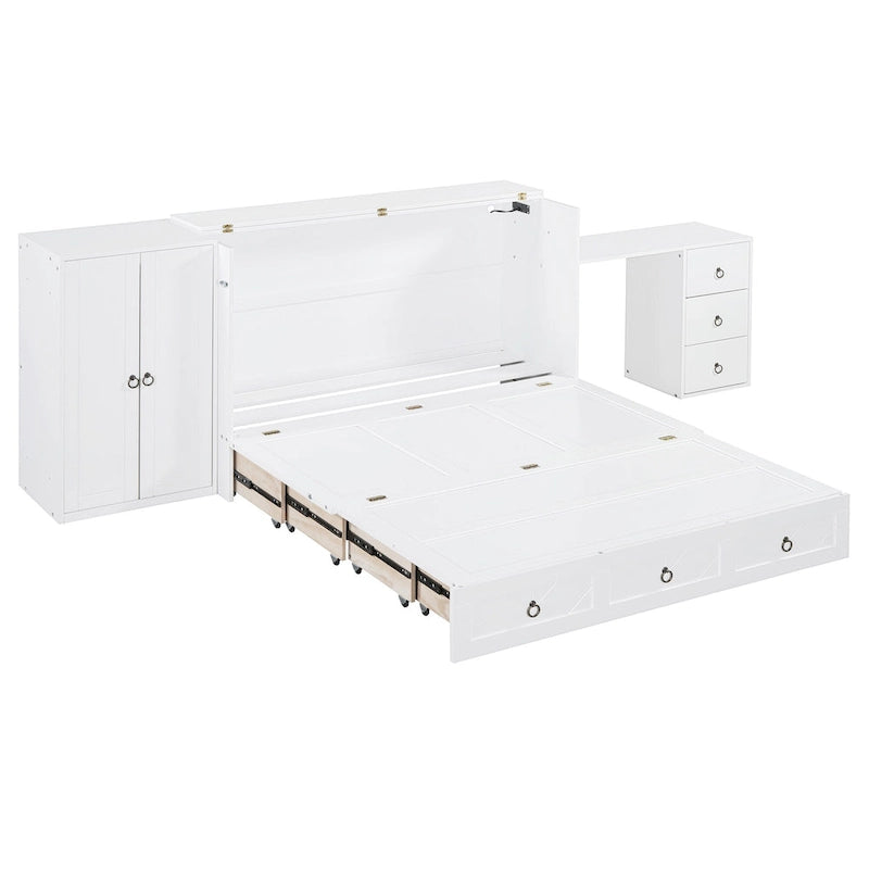 Letto a scomparsa matrimoniale bianco con porta USB, ampio cassetto e scrivania combinati
