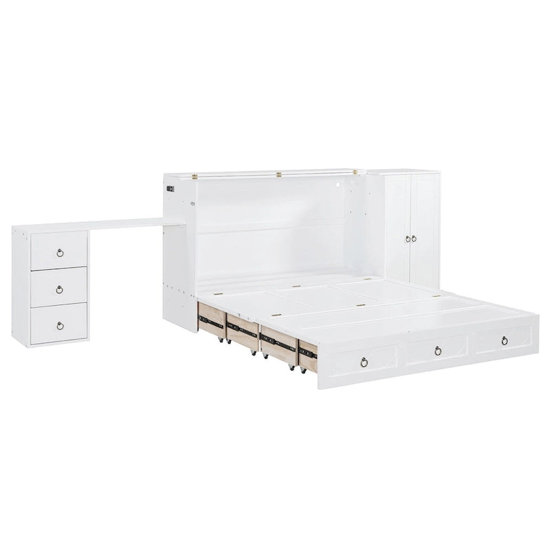 Letto a scomparsa matrimoniale bianco con porta USB, ampio cassetto e scrivania combinati