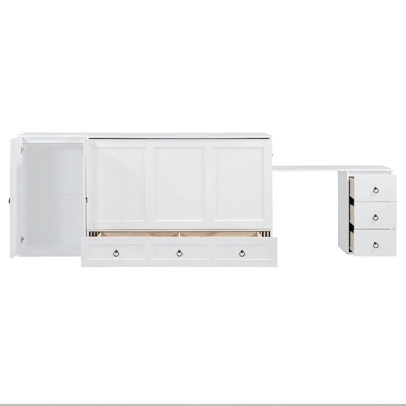 Letto a scomparsa matrimoniale bianco con porta USB, ampio cassetto e scrivania combinati