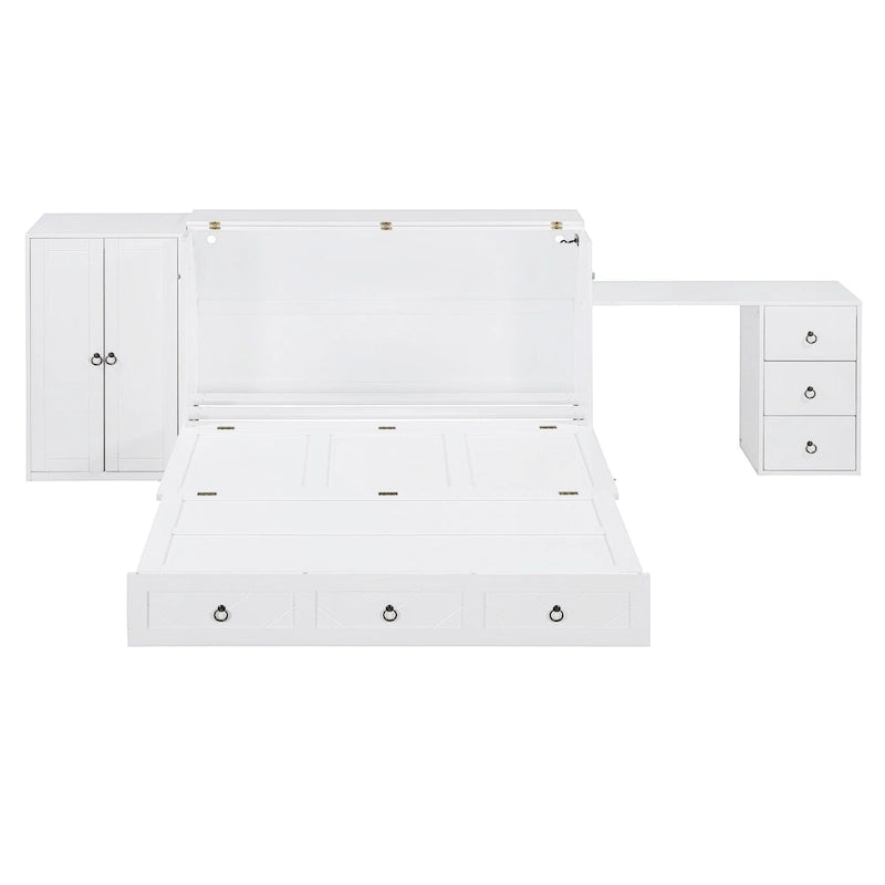 Letto a scomparsa matrimoniale bianco con porta USB, ampio cassetto e scrivania combinati