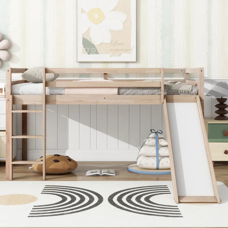 Letto a soppalco singolo con scivolo e design giocoso a basso profilo (capacità 113 kg)