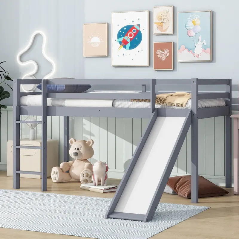 Letto a soppalco singolo con scivolo e design giocoso a basso profilo (capacità 113 kg)