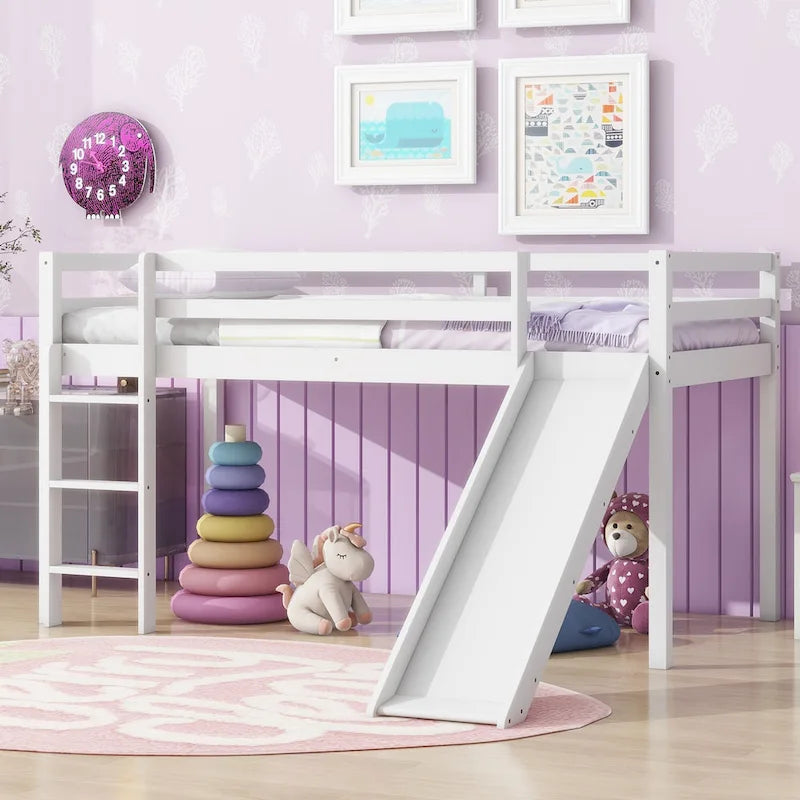 Letto a soppalco singolo con scivolo e design giocoso a basso profilo (capacità 113 kg)