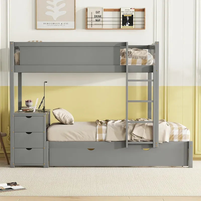 Letto a castello singolo su singolo con letto estraibile, contenitore e scrivania — Grigio