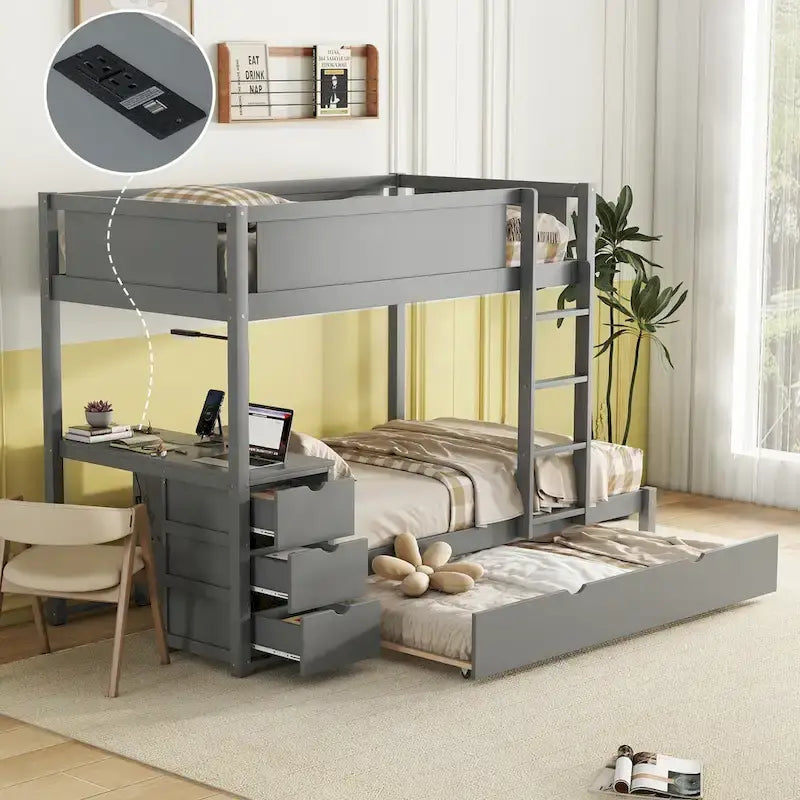Letto a castello singolo su singolo con letto estraibile, contenitore e scrivania — Grigio
