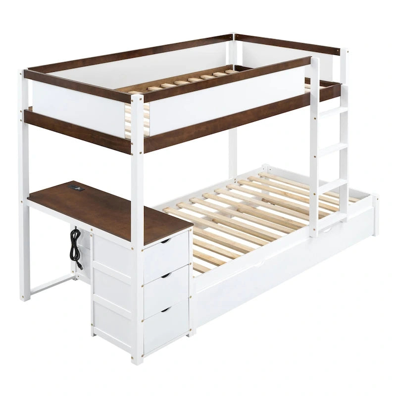 Letto a castello singolo su singolo con letto estraibile, contenitore e scrivania — Grigio