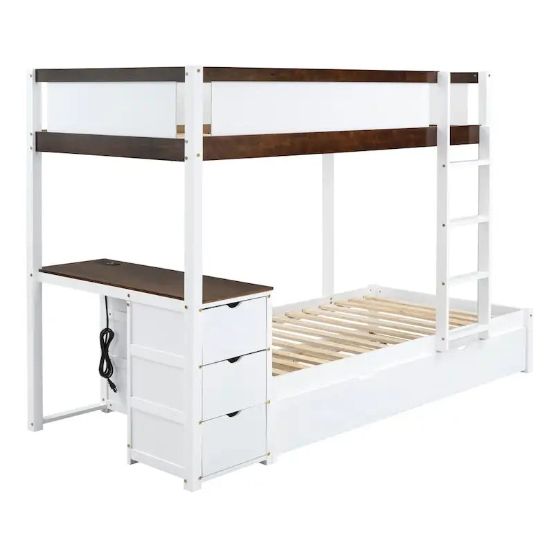 Letto a castello singolo su singolo con letto estraibile, contenitore e scrivania — Grigio