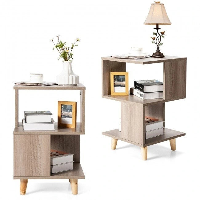 Set di 2 Comodini Moderni in Legno con Gambe in Legno Massello per Soggiorno