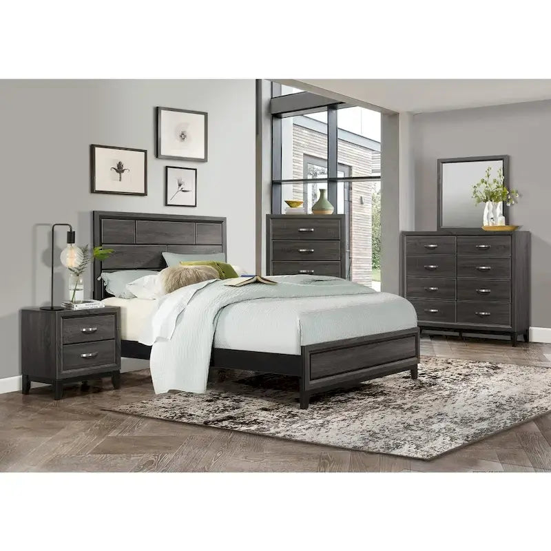 Letto a pannelli grigi – Letto a piattaforma moderno con venature del legno