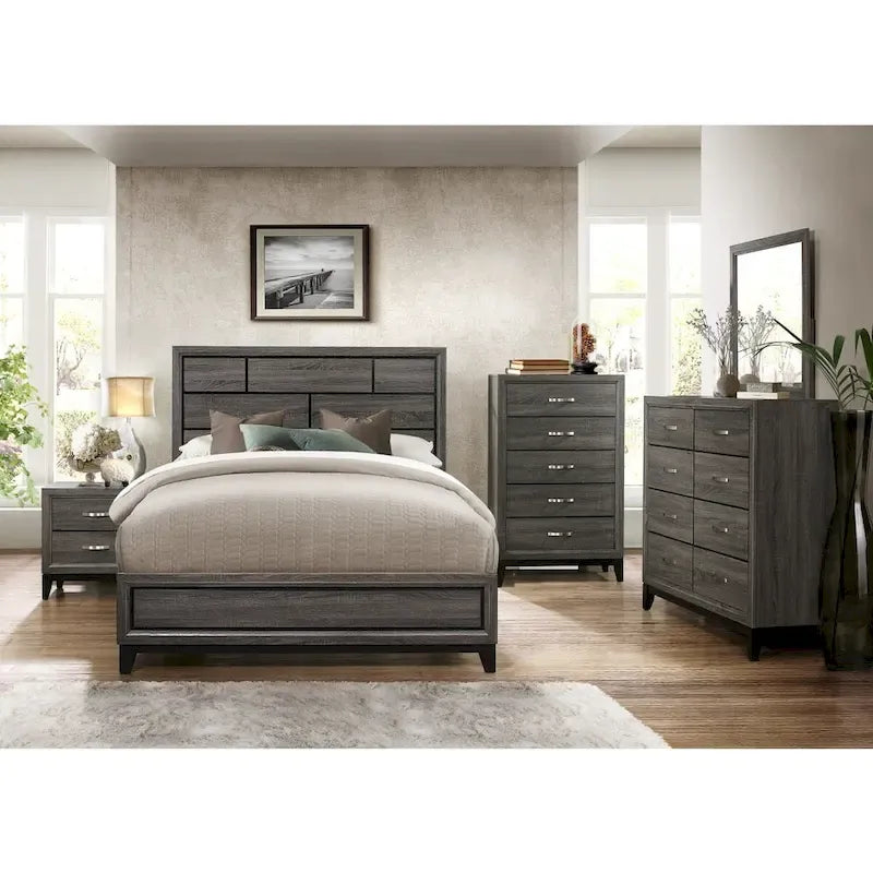 Letto a pannelli grigi – Letto a piattaforma moderno con venature del legno