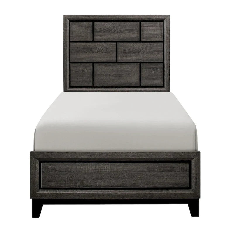 Letto a pannelli grigi – Letto a piattaforma moderno con venature del legno
