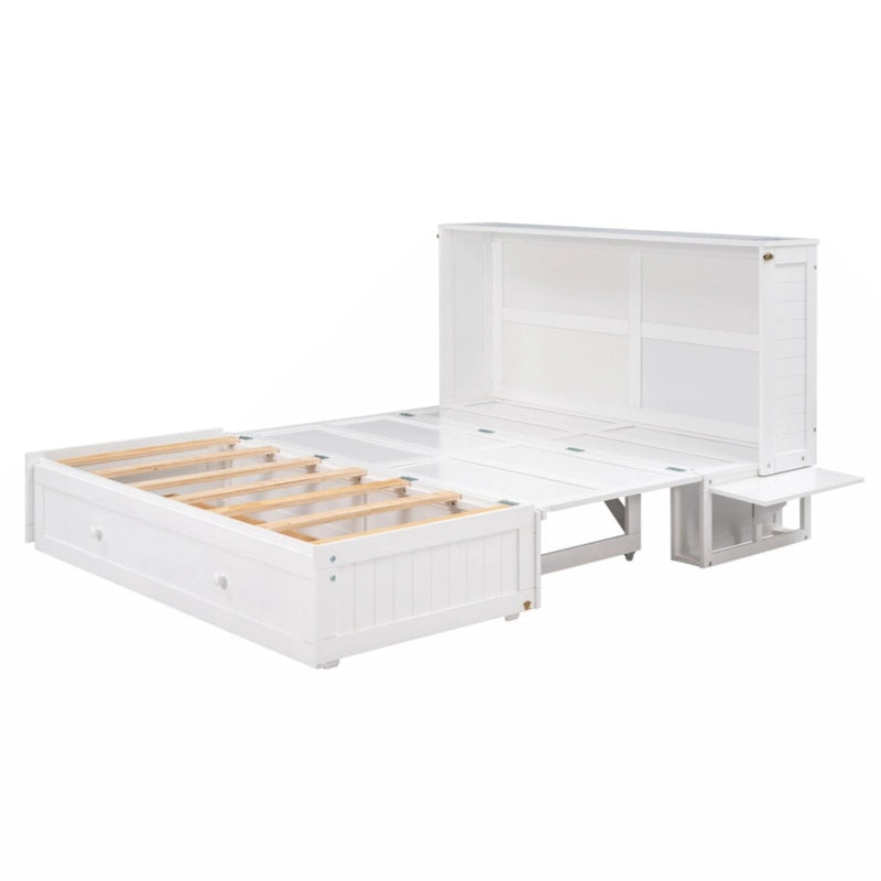 Letto a scomparsa matrimoniale mobile con cassetto e piccole mensole su ogni lato, bianco