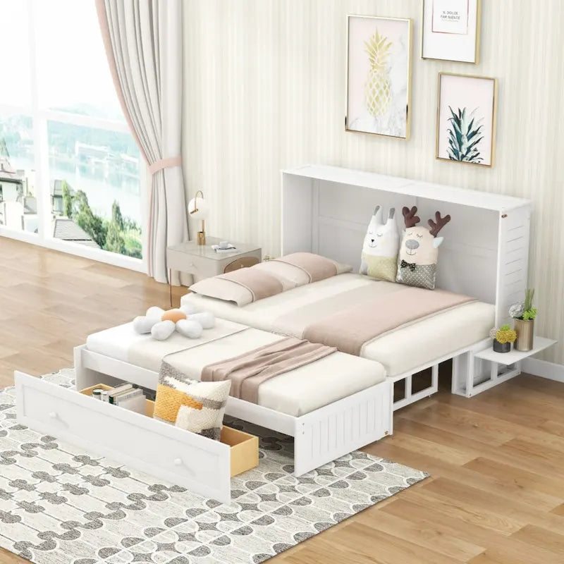 Letto a scomparsa matrimoniale mobile con cassetto e piccole mensole su ogni lato, bianco