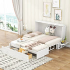 Letto a scomparsa matrimoniale mobile con cassetto e piccole mensole su ogni lato, bianco