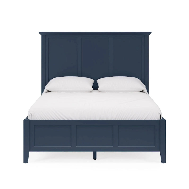 Letto matrimoniale king size, design a tre pannelli, piano smussato, legno massello, blu