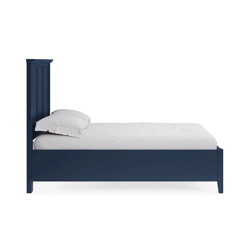 Letto matrimoniale king size, design a tre pannelli, piano smussato, legno massello, blu