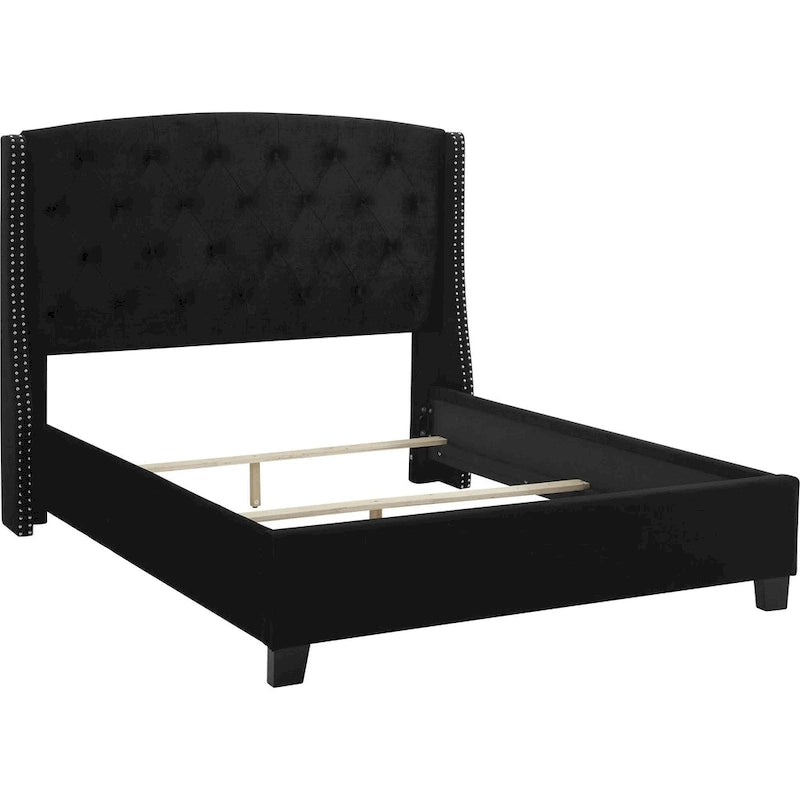 Letto Queen Size — Profilo Basso, Testiera Imbottita Capitonnè Nera