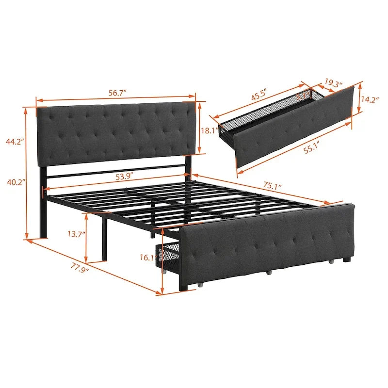 Letto contenitore con struttura in metallo e ampio cassetto
