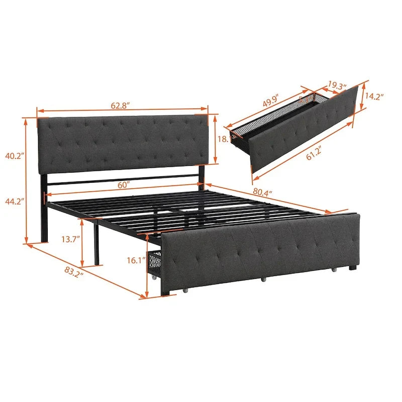 Letto contenitore con struttura in metallo e ampio cassetto