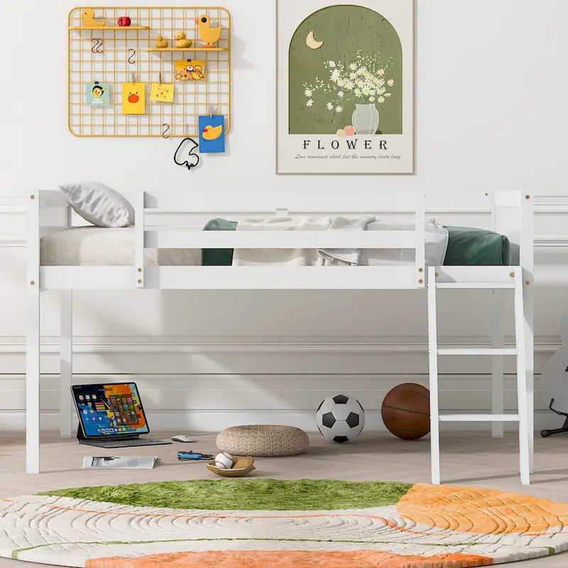 Full Size Wood Low Loft Bed with Ladder