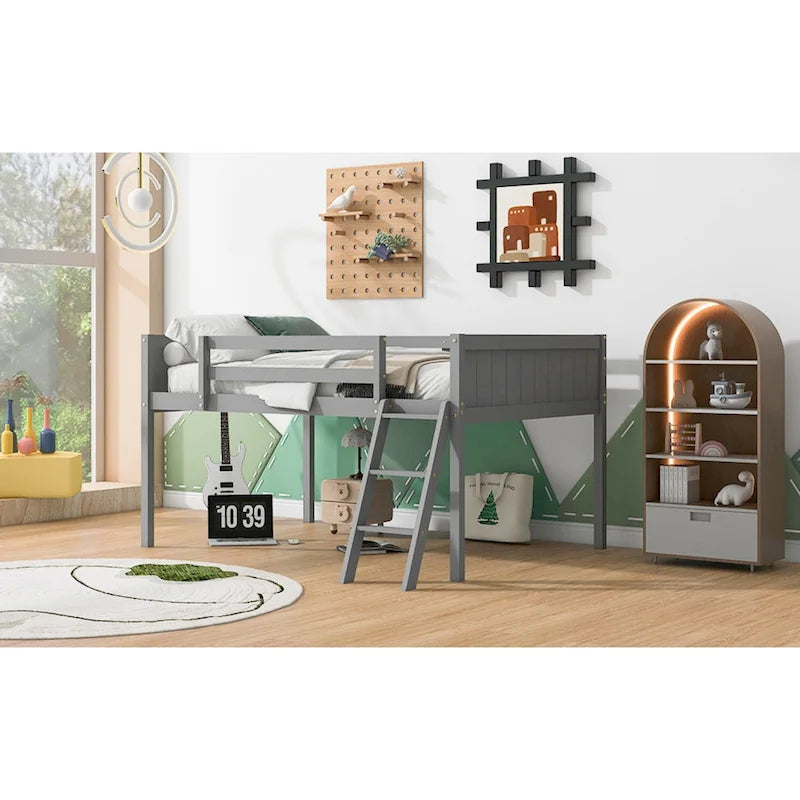 Letto a soppalco basso in legno massello con scaletta