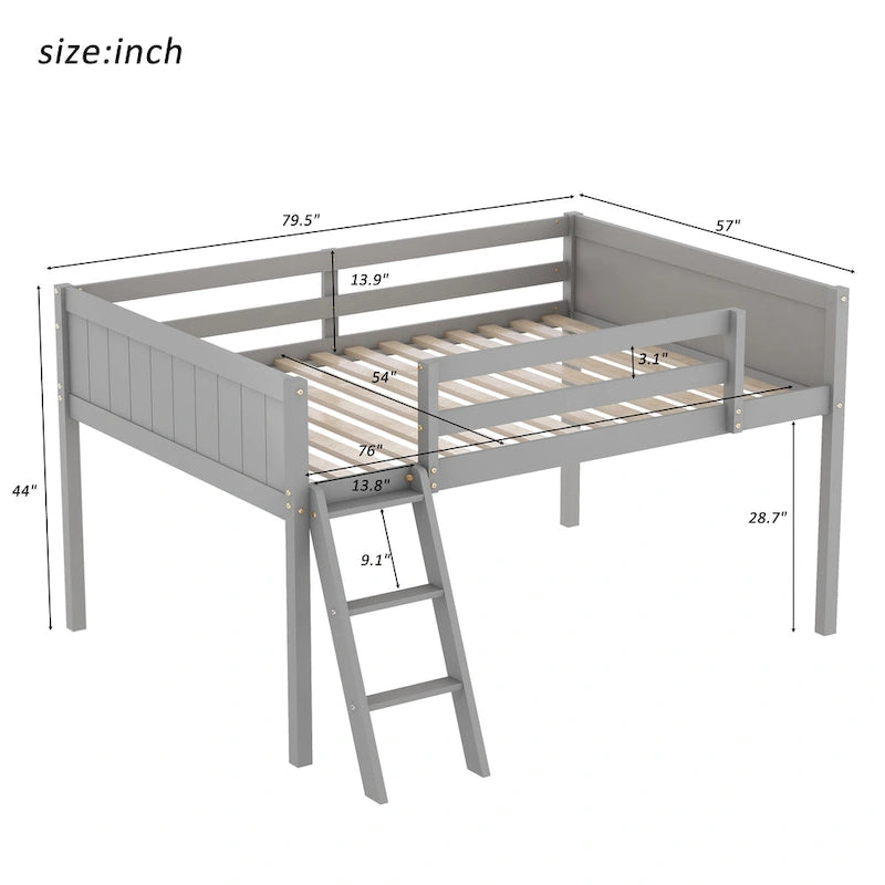 Letto a soppalco basso in legno massello con scaletta