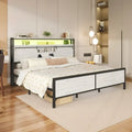 LED King Bed Frame with Charging Station, Platform Metal Headboard Storage & USB Ports Outlets, Farmhouse Lights