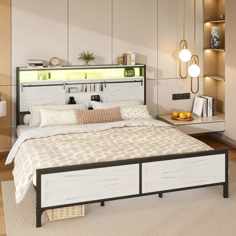Struttura Letto King Size a LED con Stazione di Ricarica, Testiera in Metallo con Contenitore e Porte USB, Luci Stile Fattoria
