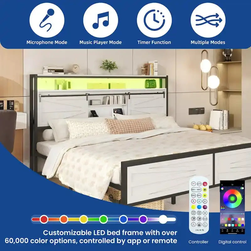 Struttura Letto King Size a LED con Stazione di Ricarica, Testiera in Metallo con Contenitore e Porte USB, Luci Stile Fattoria