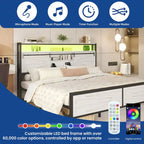 Struttura Letto King Size a LED con Stazione di Ricarica, Testiera in Metallo con Contenitore e Porte USB, Luci Stile Fattoria