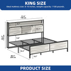 Struttura Letto King Size a LED con Stazione di Ricarica, Testiera in Metallo con Contenitore e Porte USB, Luci Stile Fattoria
