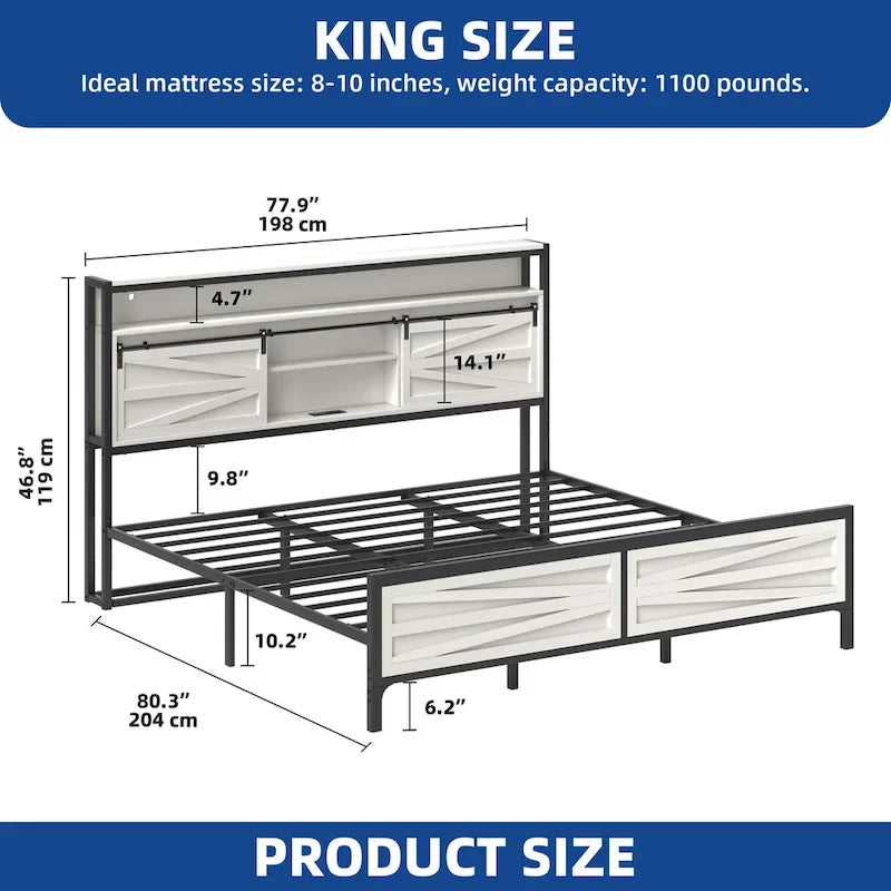 Struttura Letto King Size a LED con Stazione di Ricarica, Testiera in Metallo con Contenitore e Porte USB, Luci Stile Fattoria