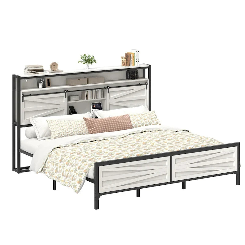 Struttura Letto King Size a LED con Stazione di Ricarica, Testiera in Metallo con Contenitore e Porte USB, Luci Stile Fattoria