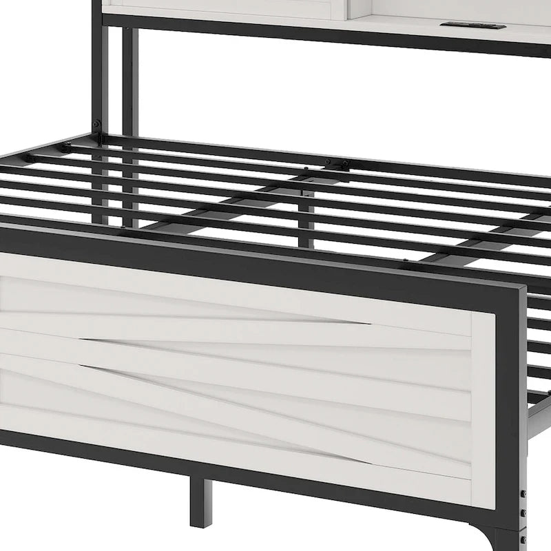 Struttura Letto King Size a LED con Stazione di Ricarica, Testiera in Metallo con Contenitore e Porte USB, Luci Stile Fattoria