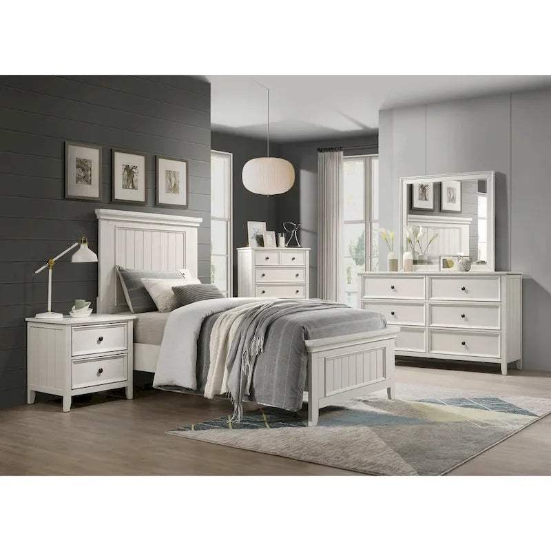 Set Camera da Letto 4 Pezzi Finitura Bianca Letto Comodino Comò Specchio