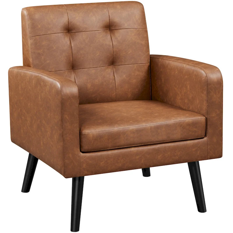 Poltrona moderna accentata con imbottitura capitonné in similpelle e gambe in legno massello