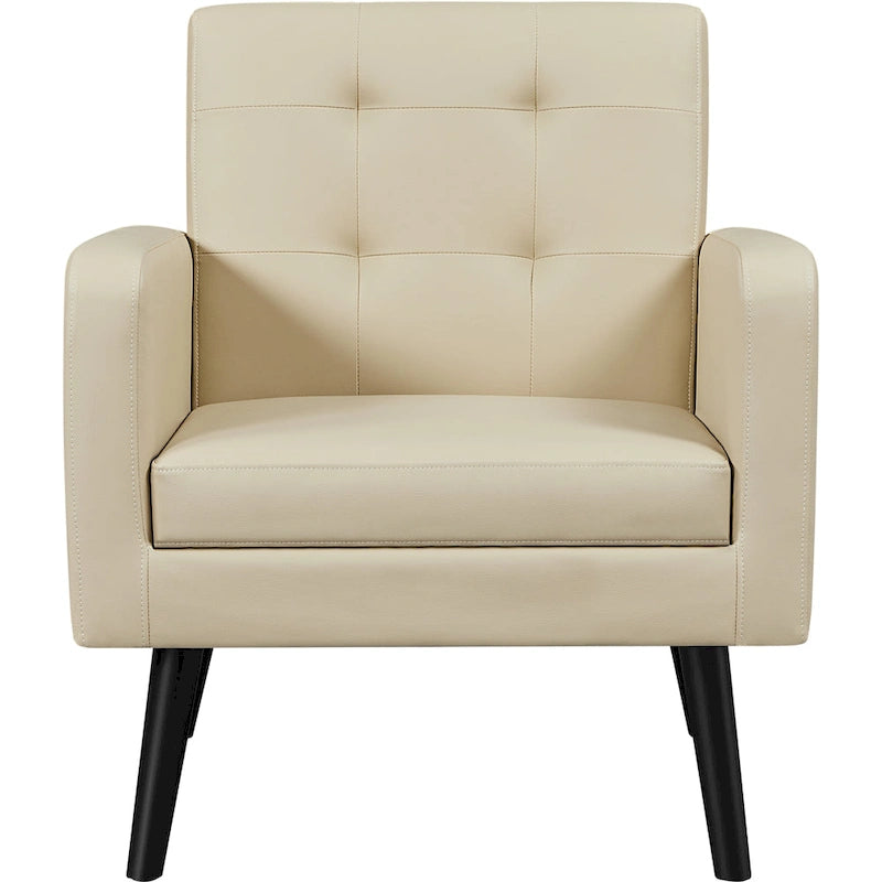 Poltrona moderna accentata con imbottitura capitonné in similpelle e gambe in legno massello
