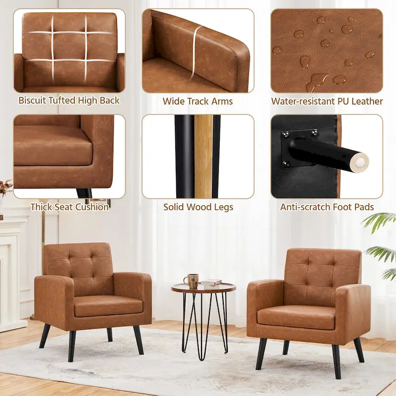 Poltrona moderna accentata con imbottitura capitonné in similpelle e gambe in legno massello