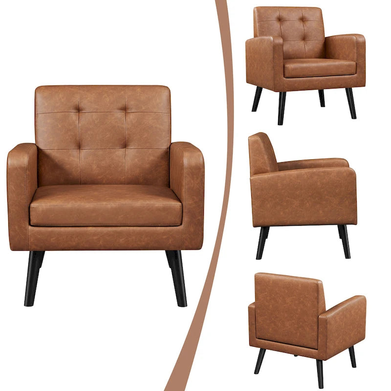 Poltrona moderna accentata con imbottitura capitonné in similpelle e gambe in legno massello