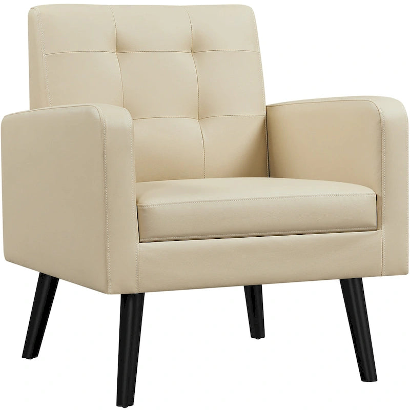 Poltrona moderna accentata con imbottitura capitonné in similpelle e gambe in legno massello