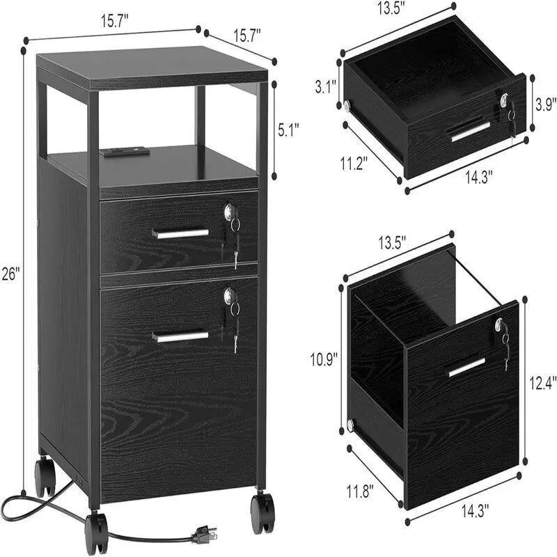 Schedario con Serratura, Stazione di Ricarica, 2 Cassetti, Armadietto Portadocumenti con Rotelle - 15,7P x 15,7L x 26A