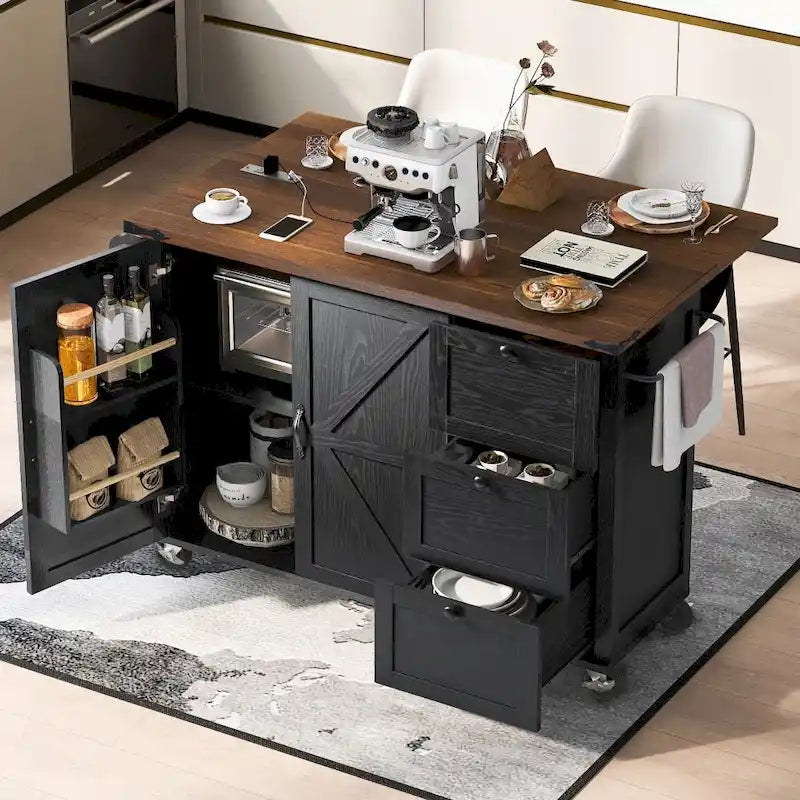 Isola da Cucina da 54,5" con Presa di Corrente, Piano a Ribalta e Contenitore